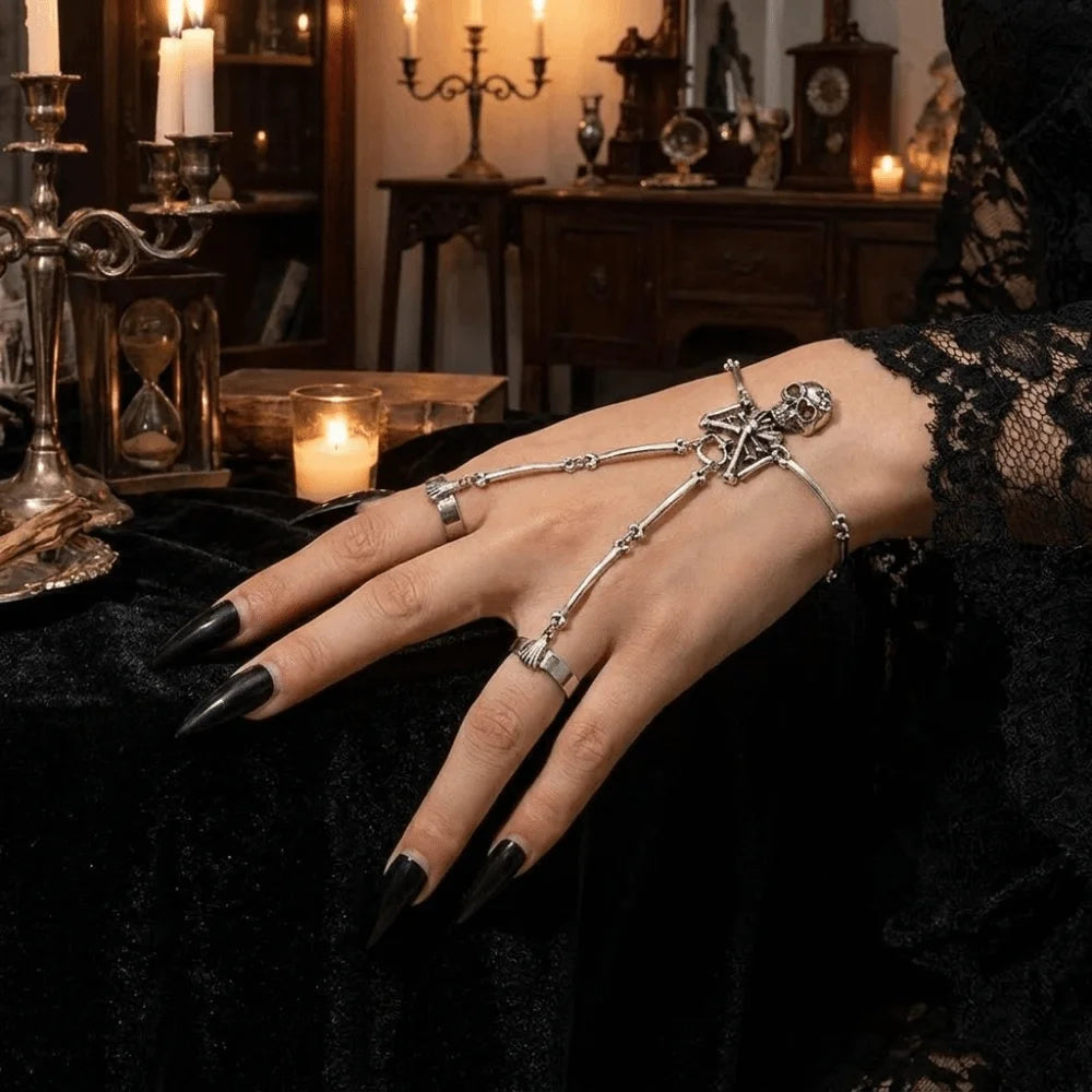 Skeleton Hand Bracelet – Alloy Skull Finger Ring Chain Fashion Bracelet PLUSH