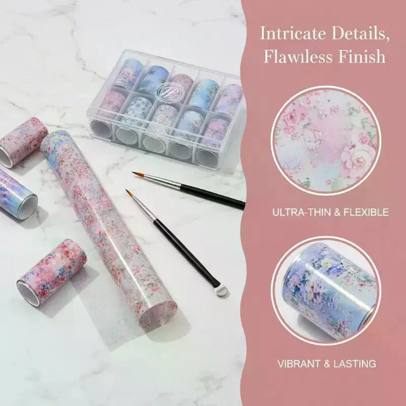 Floral Nail Art Transfer Foils Set – 10 Rolls Rose & Leaf Nail Art Foils PLUSH