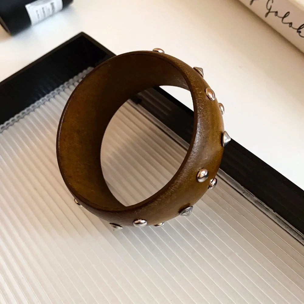 Chinese Style Wooden Bangle – Punk Y2K Wide Rivet Bracelet Wooden Bangle Bracelet PLUSH