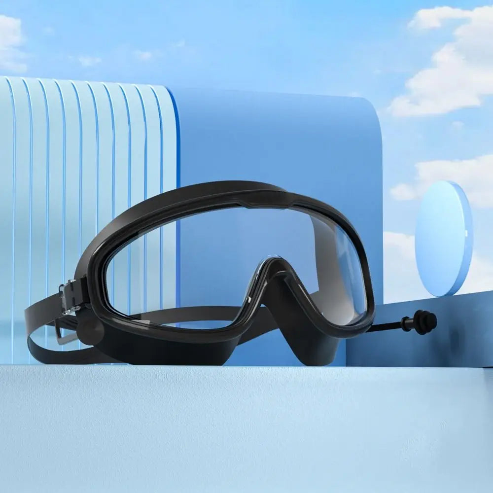 Wide View Anti-Fog Swimming Goggles with Earplugs – Adult Swim Goggles PLUSH black-adult