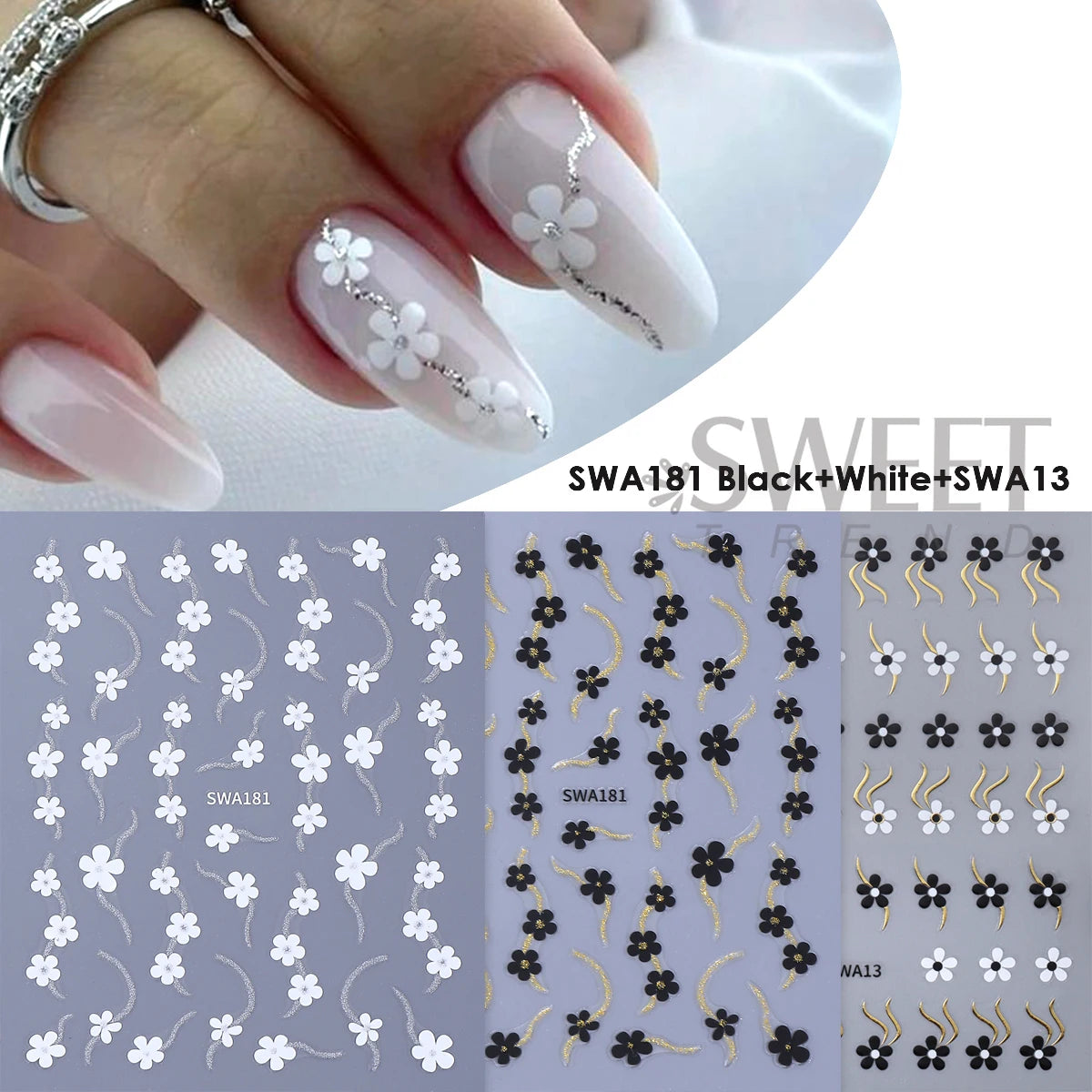 3D Floral Nail Glitter Stickers – Black White Gold Silver Decals Nail Art Stickers PLUSH SWA181 2color SWA13