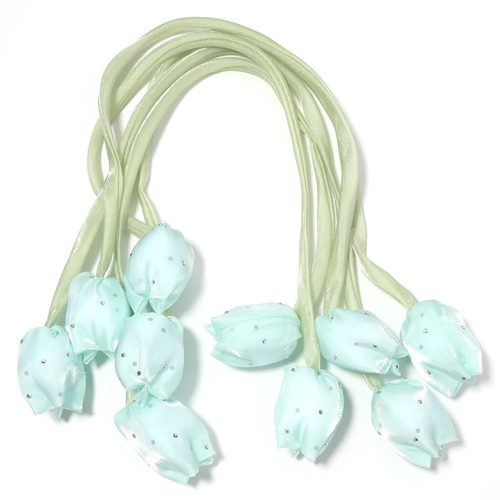 5pcs Satin Tulip Flower Strings Rhinestone DIY Hair & Garment Fabric Flower Trim PLUSH light green