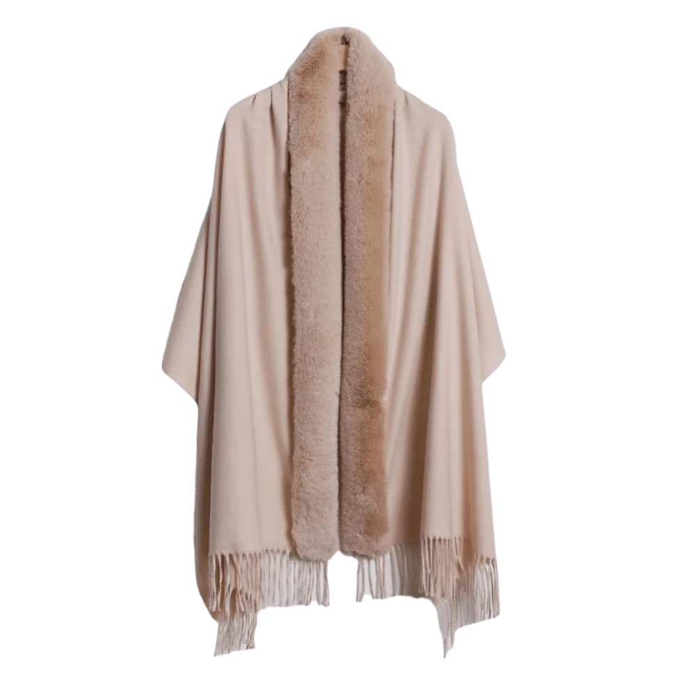 Women's Oversized Faux Fur Collar Shawl Wrap Cape Poncho Faux Fur Shawl Wrap PLUSH Beige