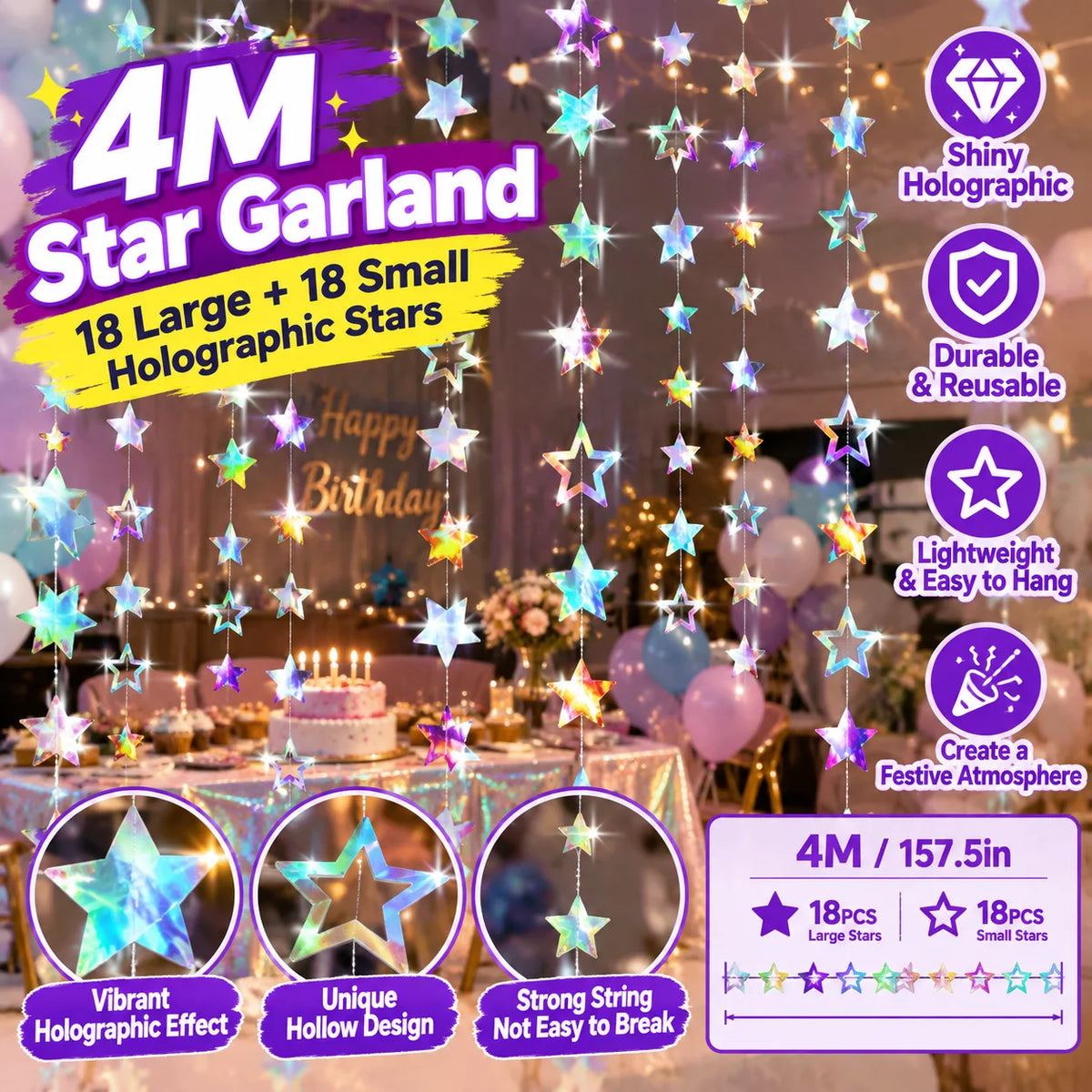 Silver Holographic Star Tinsel Garland – Party & Wedding Decor Party Tinsel Garland PLUSH Laser 3PCS