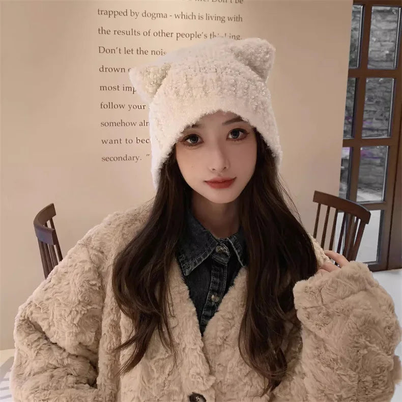 Women's Bear Ear Fleece Lined Knit Beanie – Korean Winter Hat Winter Knit Beanie PLUSH