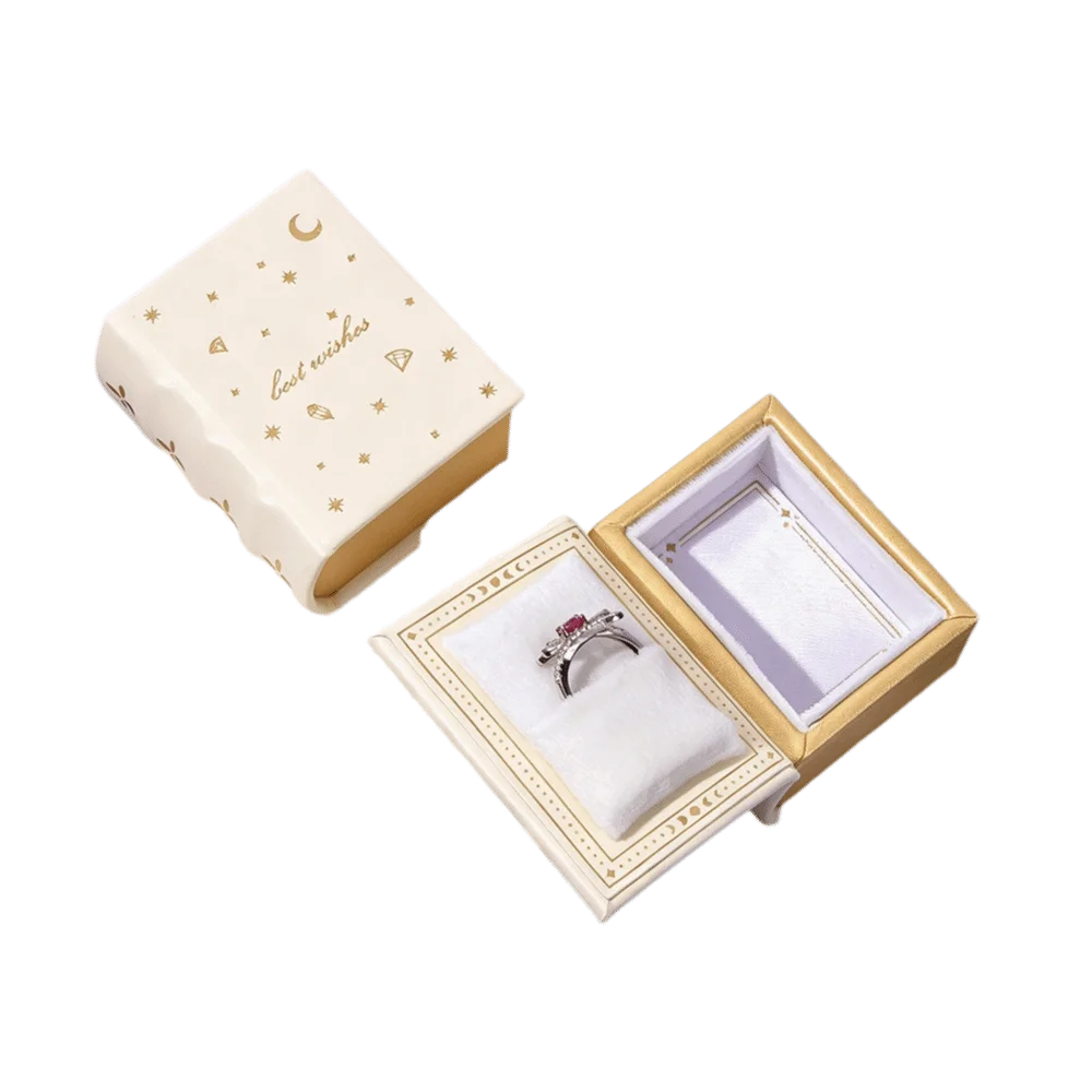 Star & Moon Gold Foil Ring Box – PU Leather Jewelry Gift Box Jewelry Gift Box PLUSH White