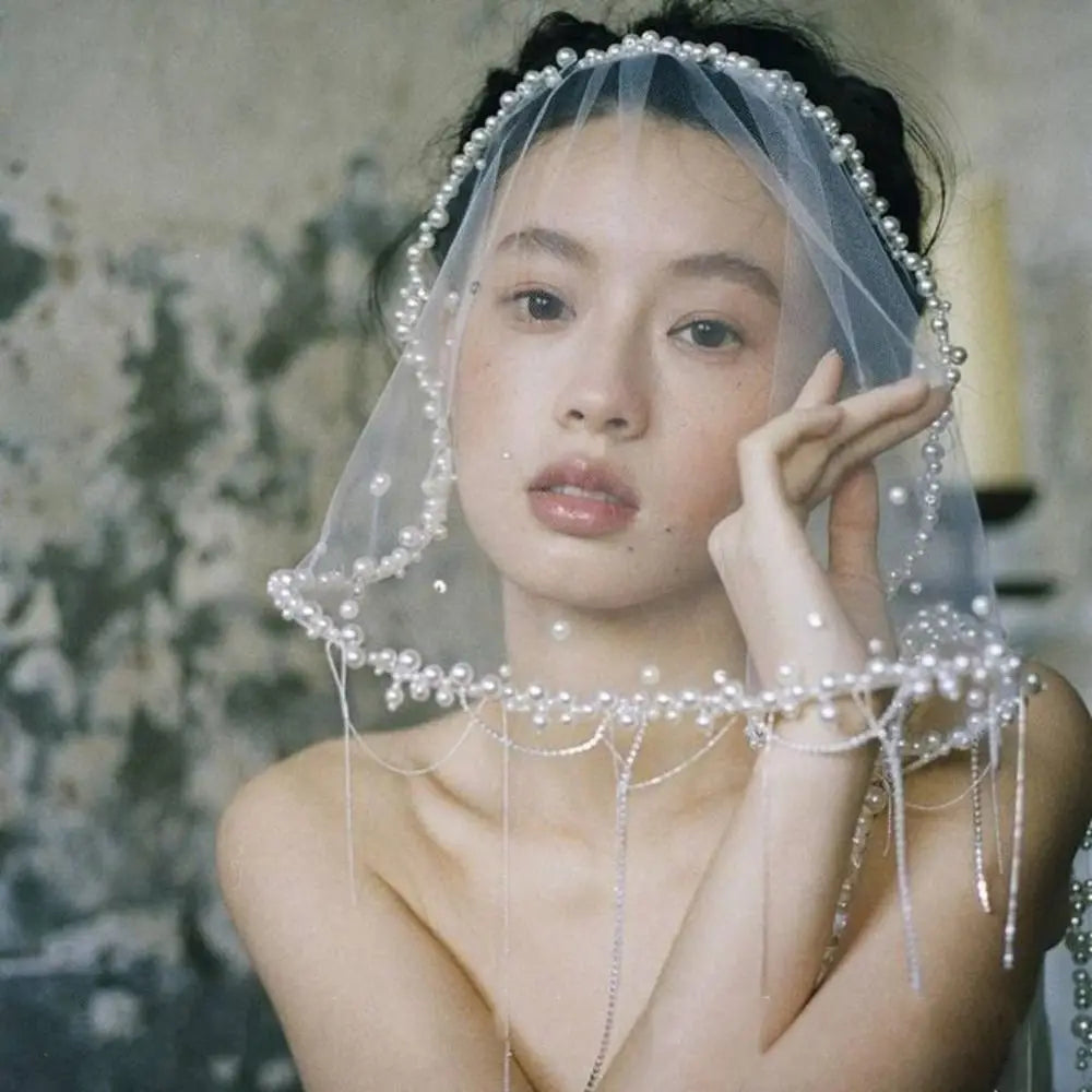Vintage Pearl Bead Short Bridal Veil – White Tulle Wedding Headpiece Bridal Veil PLUSH