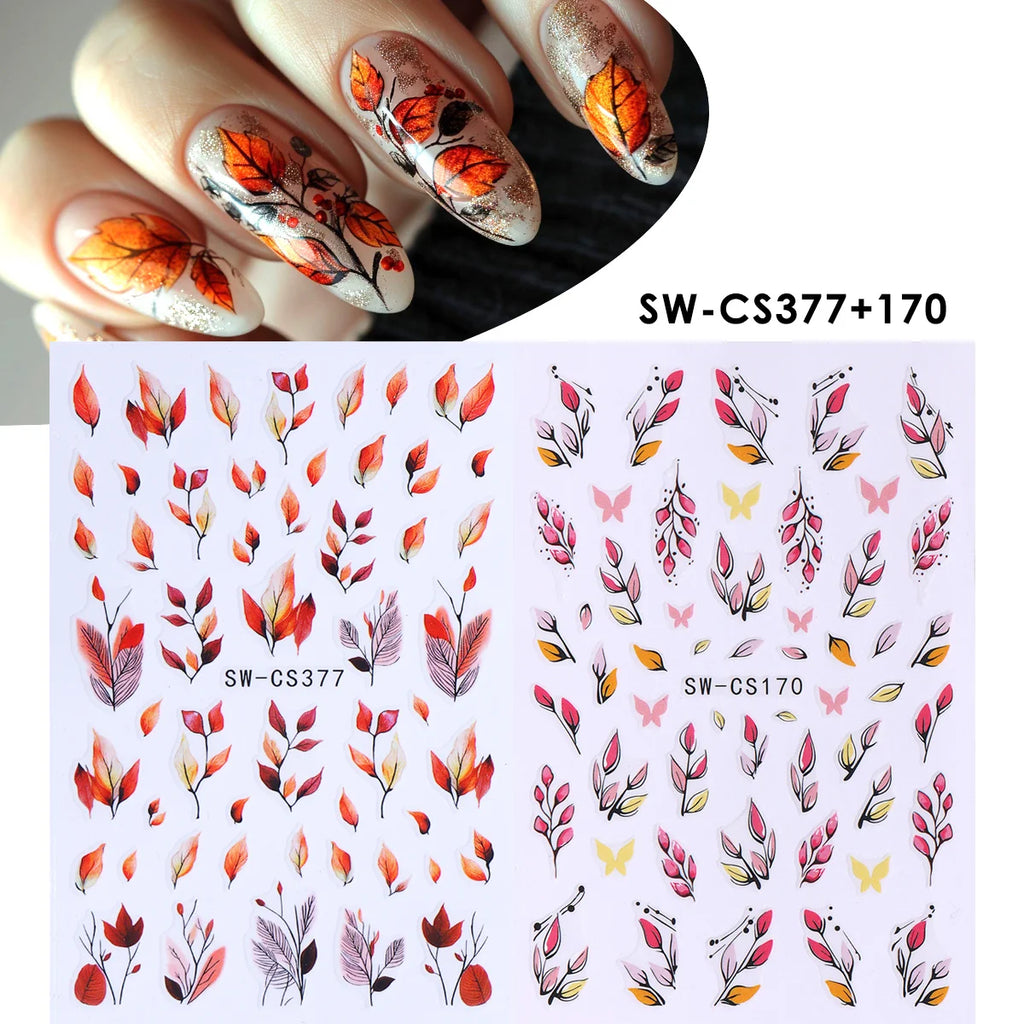 3D Autumn Leaf Nail Decals – 2 Sheets Watercolor Foliage Art Nail Art Decals PLUSH SW-CS377 170