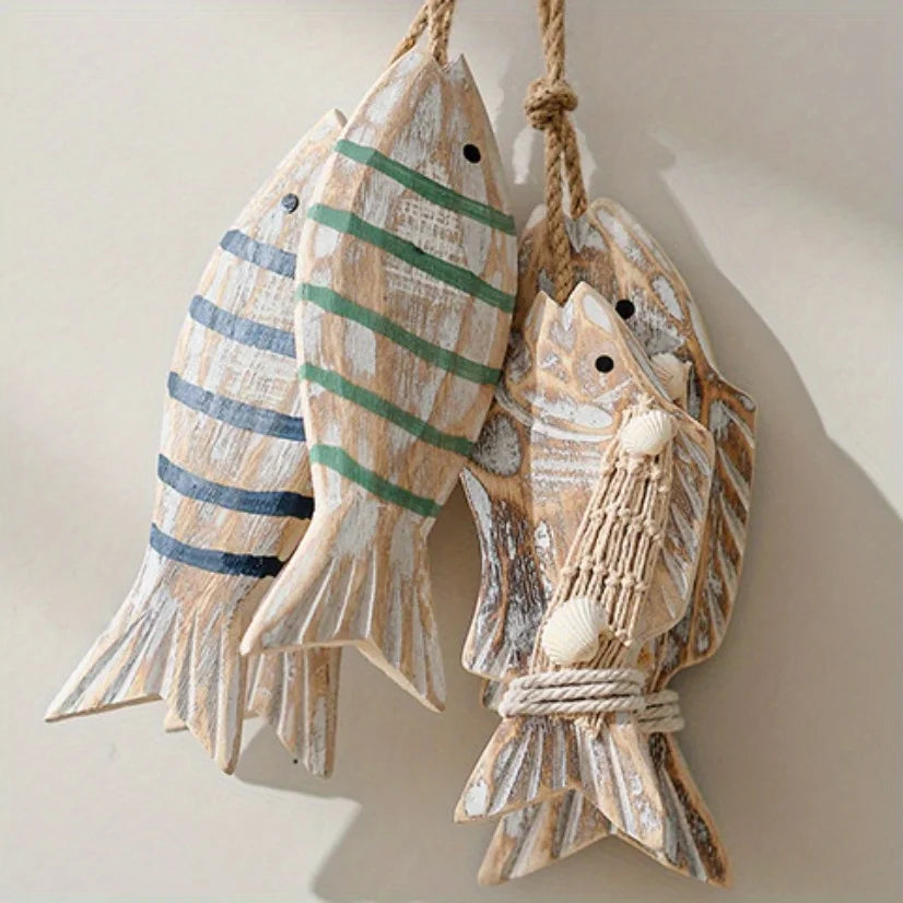 Rustic Wooden Fish Wall Hanging Set – Nautical Coastal Décor Wall Hanging Decor PLUSH