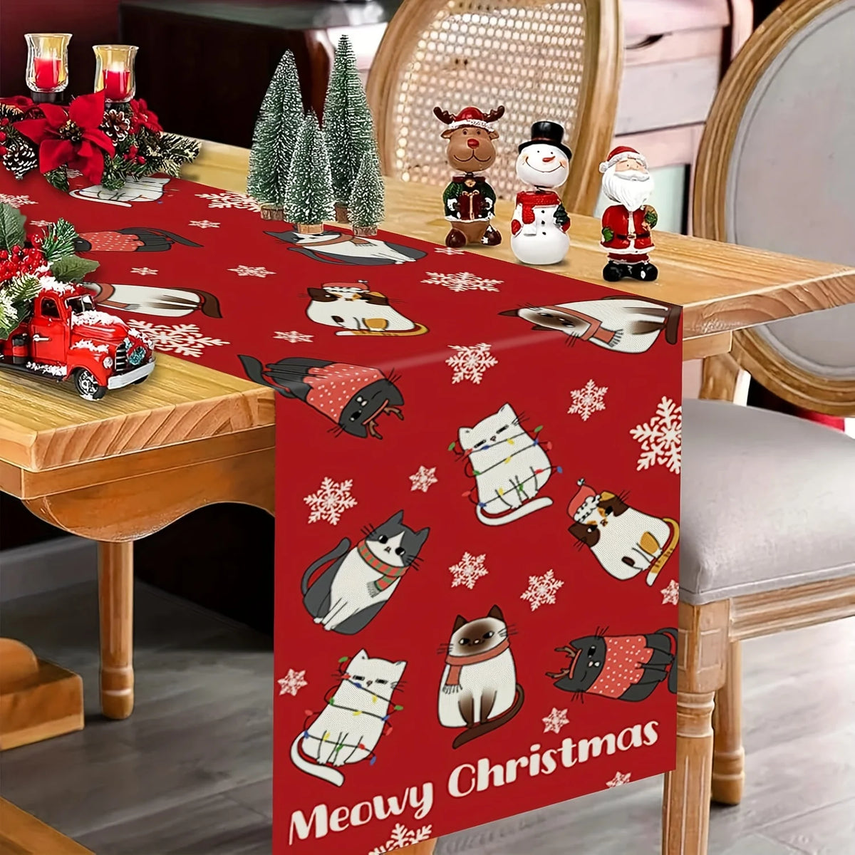 Meowy Christmas Cat Table Runner – Holiday Festive Décor Holiday Table Runner PLUSH
