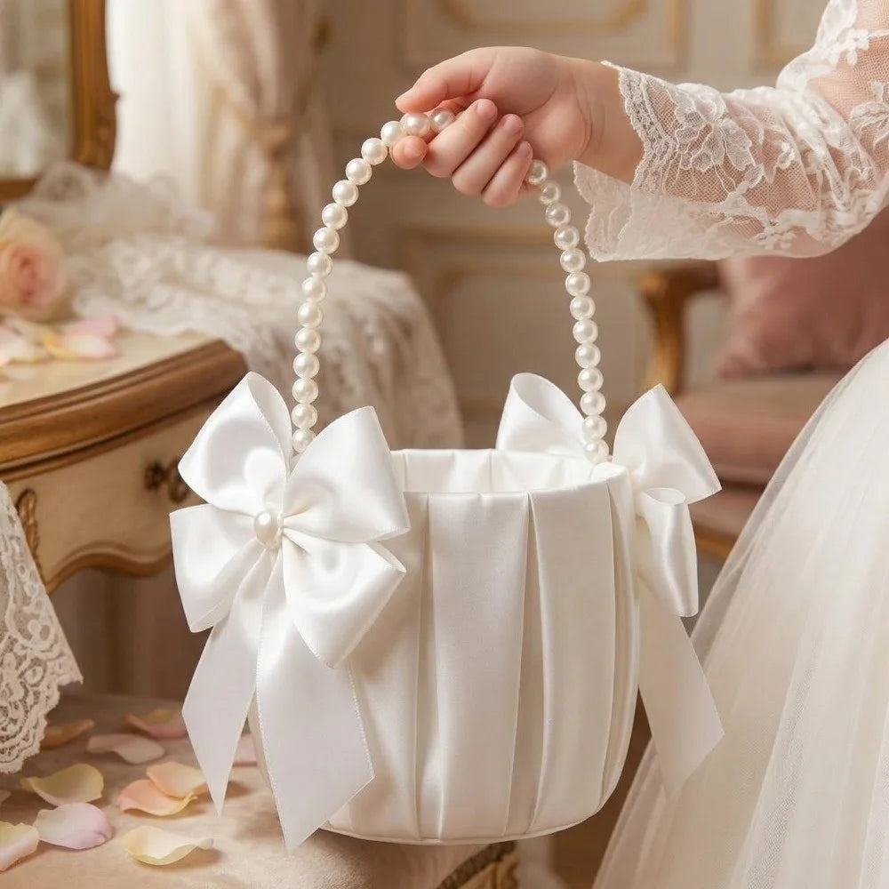 Satin Flower Girl Basket – Bowknot Pearl Handle Wedding Wedding Flower Basket PLUSH