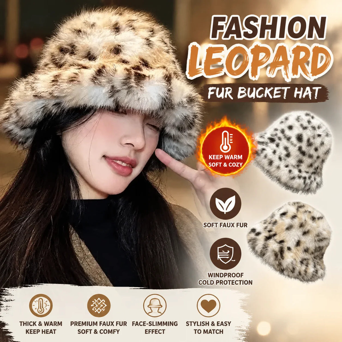 Women's Puffy Faux Fur Bucket Hat | Leopard Print Winter Hat Faux Fur Bucket Hat PLUSH