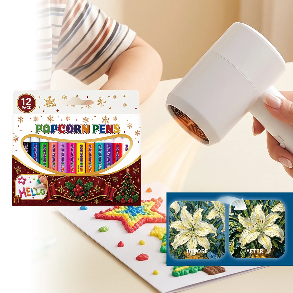 3D Magic Popcorn Pen Set – 12 Color Puff Foam Markers for Kids Kids Craft Marker Set PLUSH
