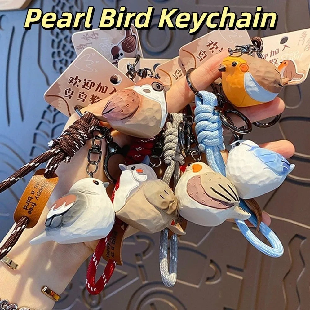 Kawaii Bird Keychain – Wood Carving Style Blue Tit Sparrow Animal Keychain PLUSH