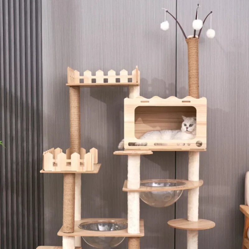 Large Wooden Cat Tree Space Pod Multi-Level Tower & Scratching Cat Tree Tower PLUSH