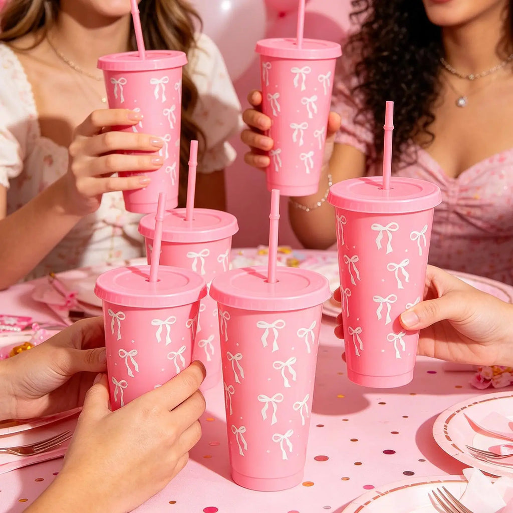 12-Pack Bow Tumbler Cups with Straw & Lid – 24oz Reusable Tumbler Cup Set PLUSH