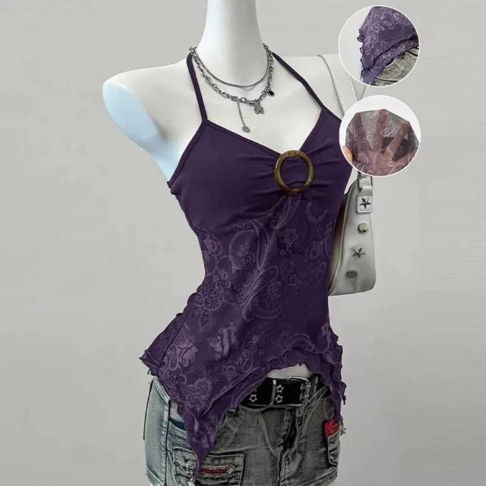 Women's Mesh Halter Crop Top – Slim Fit Lace Patchwork Camisole Halter Crop Top PLUSH