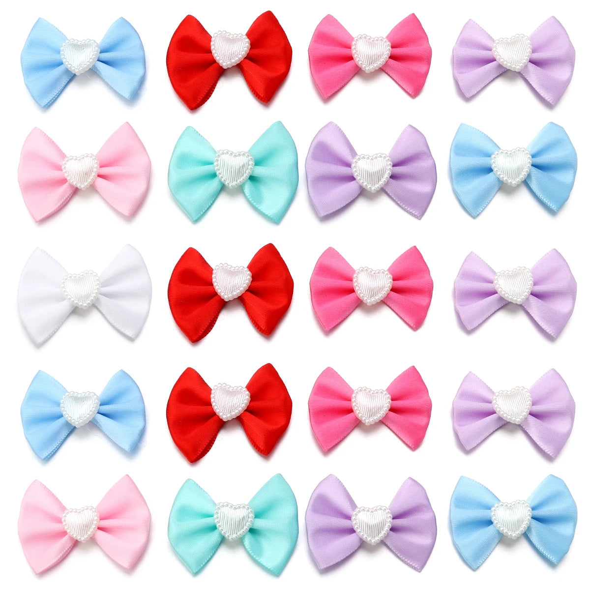 20pcs Satin Ribbon Bows with Pearl Heart – DIY Hair & Gift Decor Bow Appliques PLUSH