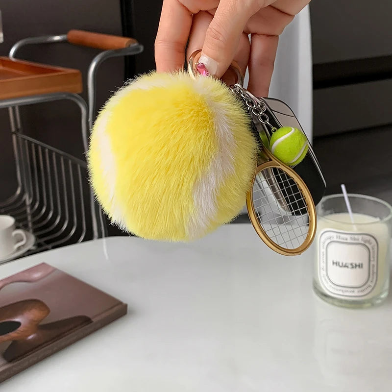 Tennis Ball Plush Keychain – Cute Cartoon Fur Bag Pendant Plush Keychain Charm PLUSH B2