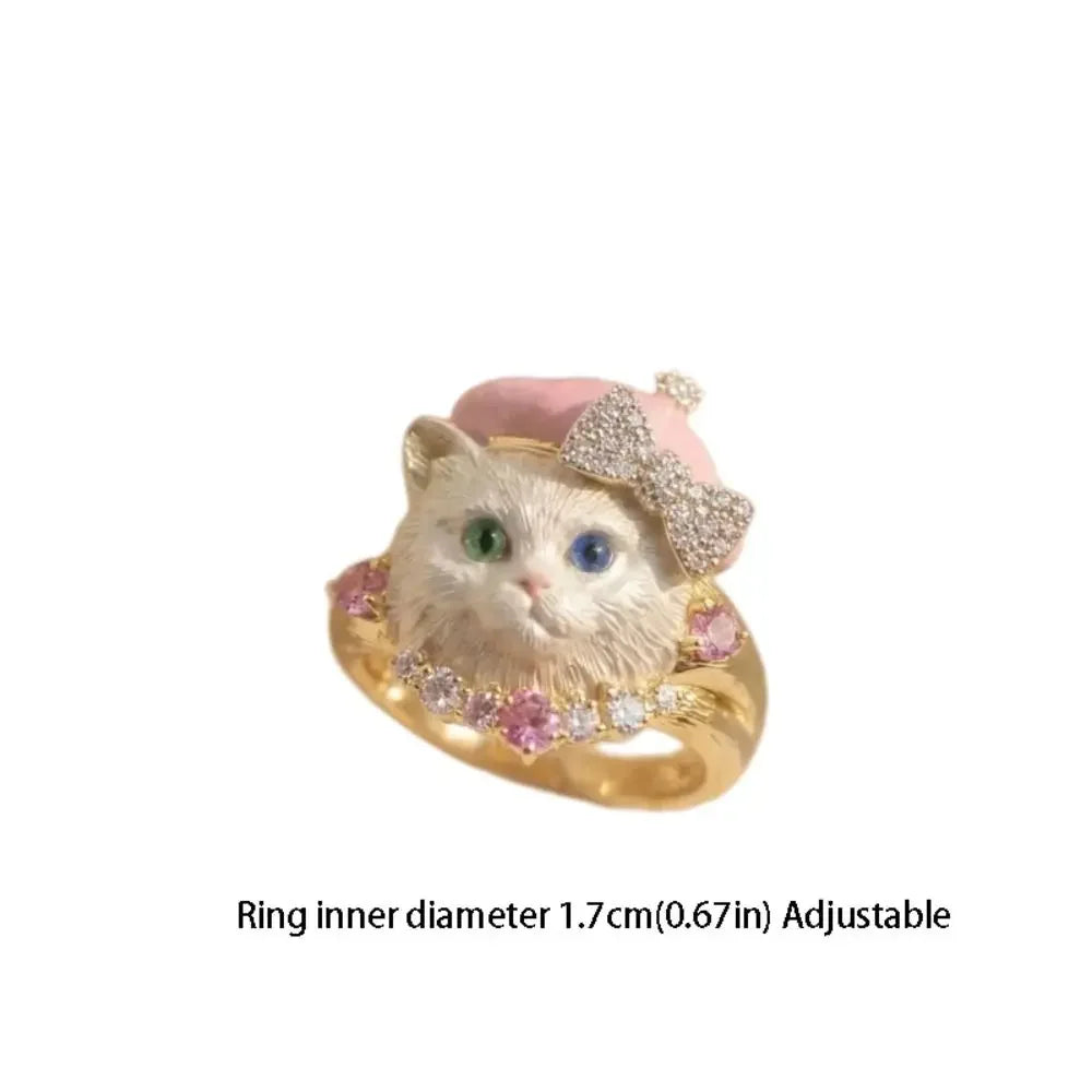 Cute Animal Head Rhinestone Adjustable Ring – Kitten & Dog Fashion Ring PLUSH