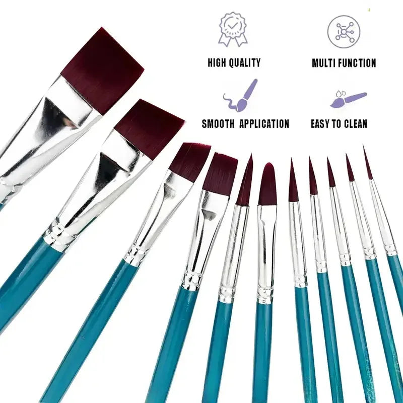 12-Piece Nylon Paint Brush Set – Flat & Round Art Brushes Paint Brush Set PLUSH