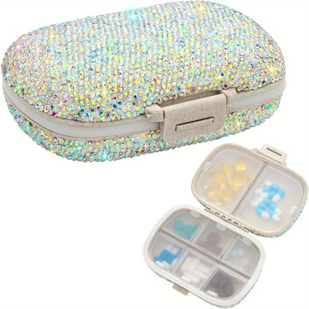 Bling Rhinestone Pill Organizer – 8-Compartment Travel Pill Box Pill Organizer PLUSH Ab