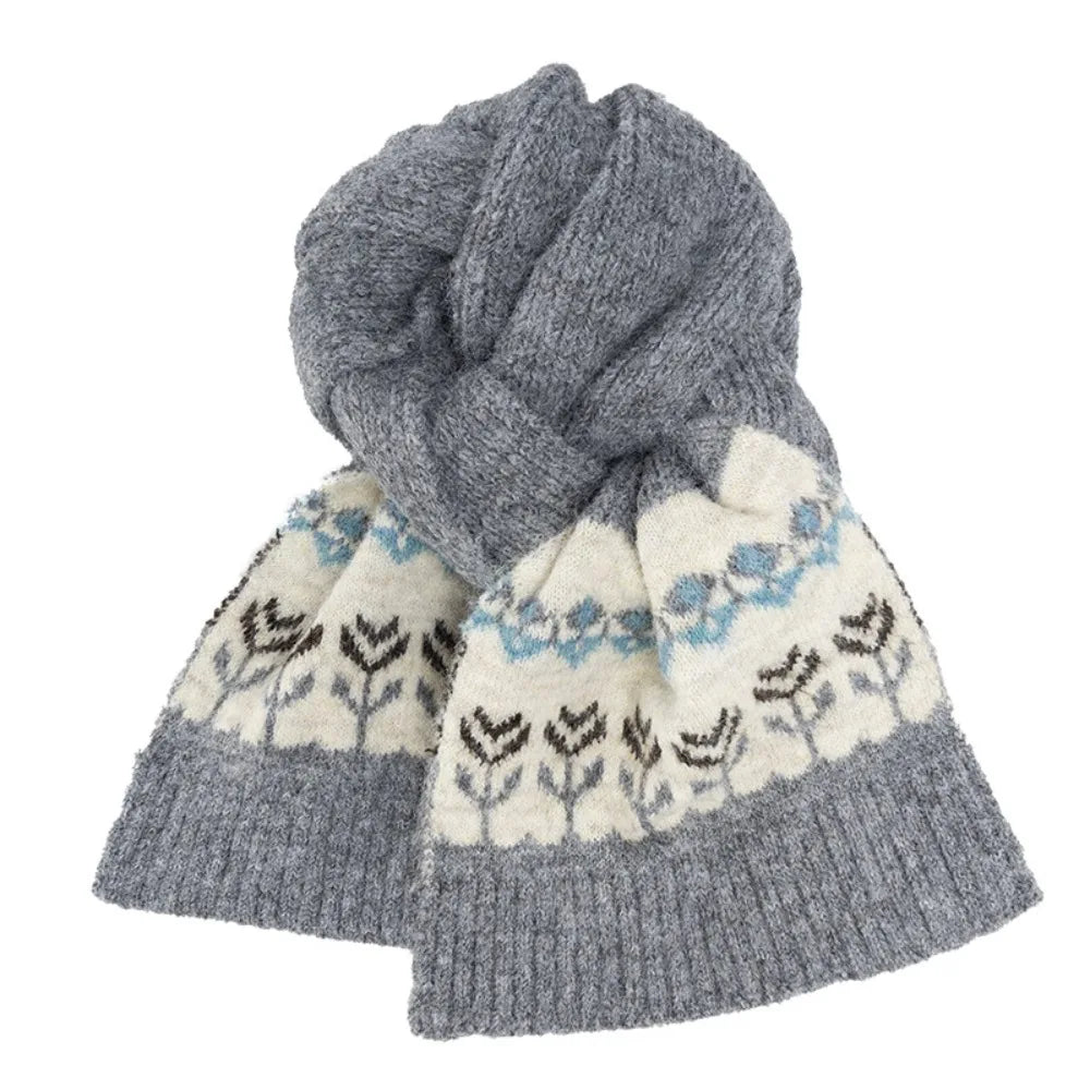 Women's Fair Isle Jacquard Knitted Scarf – Floral Winter Shawl Knitted Winter Scarf PLUSH Grey