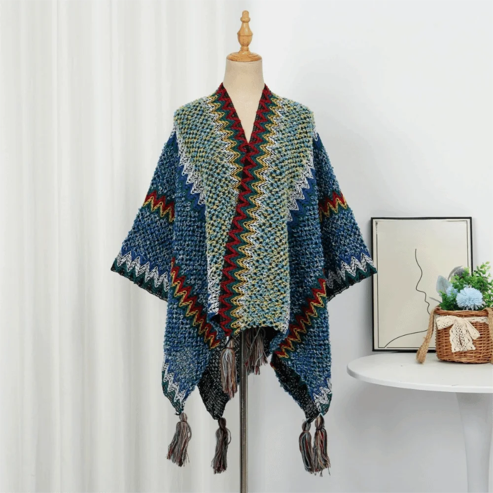 Women's Bohemian Knit Tassel Poncho Shawl – Ethnic Cape Wrap Knit Poncho Cape PLUSH Style 15