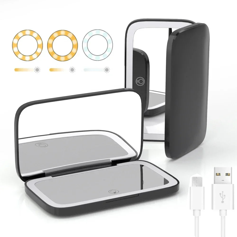 LED Compact Makeup Mirror 1x/5x Magnification Rechargeable Lighted Makeup Mirror PLUSH 1PCS Black