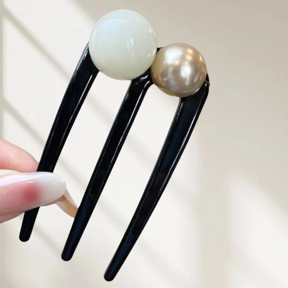U-Shaped 3-Tooth Bead Hair Clip for Women – Coffee Updo Pin Bead Hair Clip PLUSH