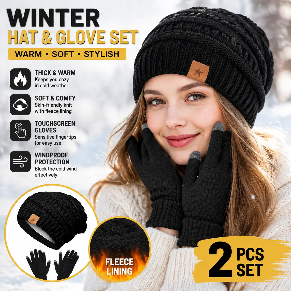 Women's Fleece Lined Knit Beanie Hat & Mittens Set Winter Accessory Set PLUSH