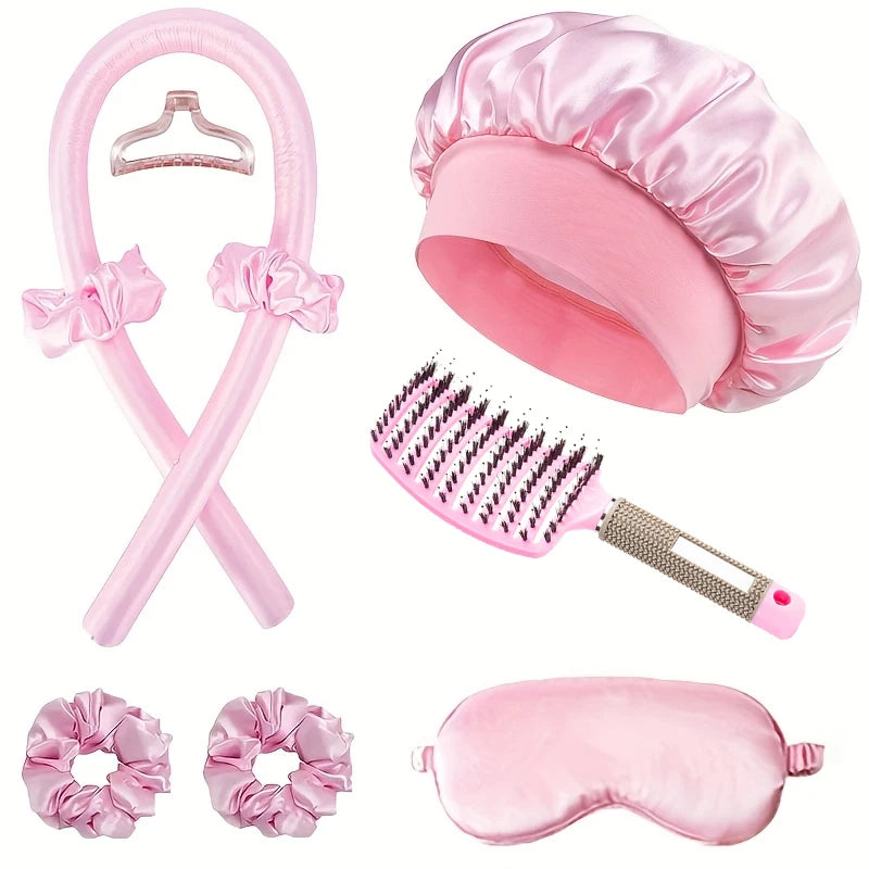WANMEI Pink Heatless Curling Rods Set – 9pc Hair Styling Kit Heatless Hair Curlers PLUSH Pink set-B