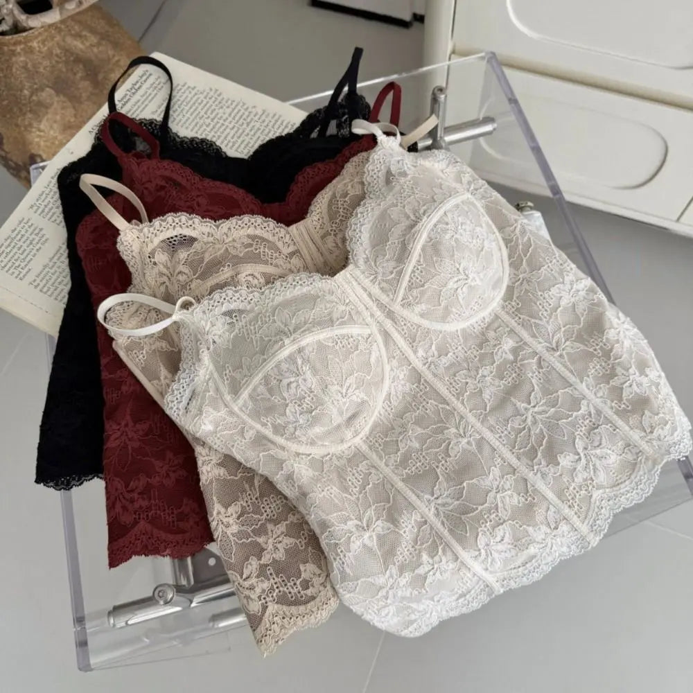 Mesh Flower Lace Crop Camisole Top with Pads | Summer Vest Lace Crop Camisole PLUSH
