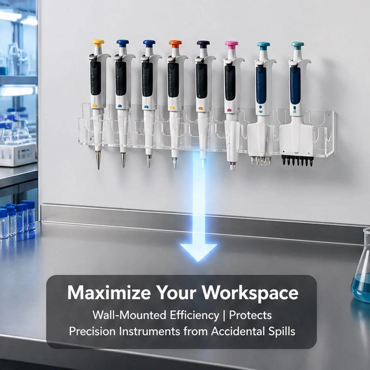 Adjustable Lab Pipette Holder Rack – 8-Slot Wall Mount Lab Pipette Rack PLUSH