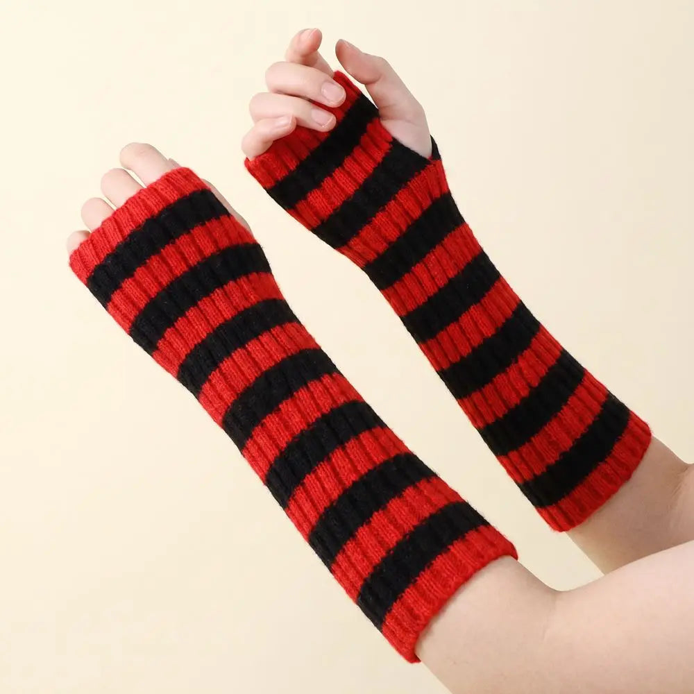 Y2K Striped Fingerless Arm Warmers – Long Knit Arm Sleeves Fingerless Arm Warmers PLUSH