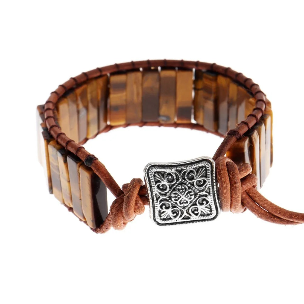 Rainbow Stone Beaded Bracelet – Boho Woven Adjustable Bangle Charm Bracelet PLUSH Brown
