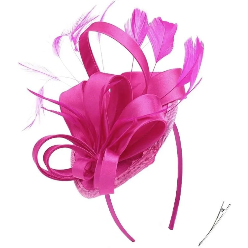 Sweet Bow Feather Fascinator Headband | Tea Party Hair Hoop Fascinator Headband PLUSH Rose Red