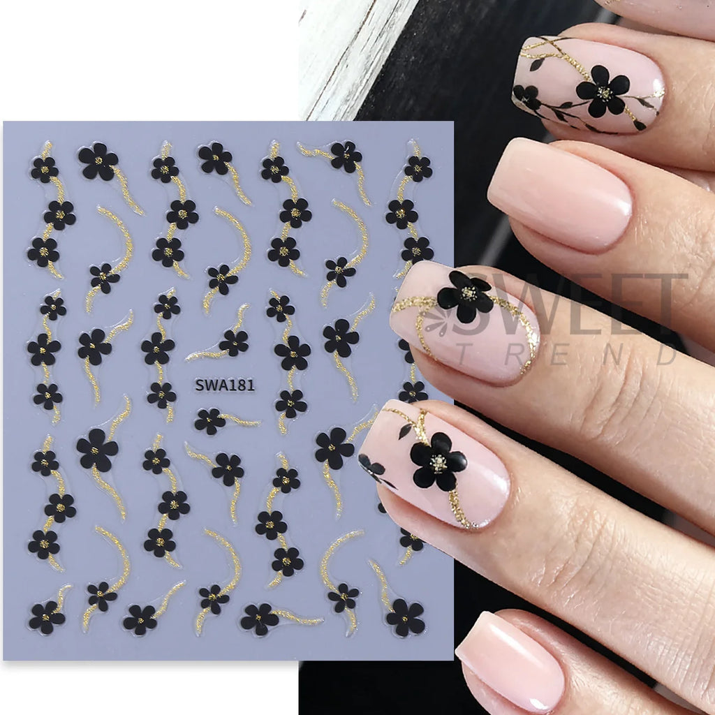 3D Floral Nail Glitter Stickers – Black White Gold Silver Decals Nail Art Stickers PLUSH