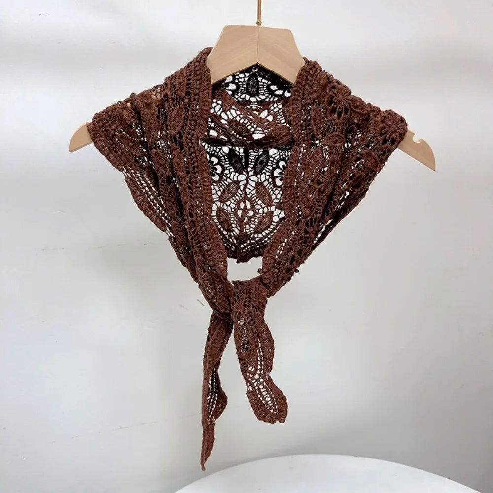 Women's Knit Crochet Lace Shawl Scarf – Hollow Floral Cape Knit Crochet Shawl PLUSH Coffee