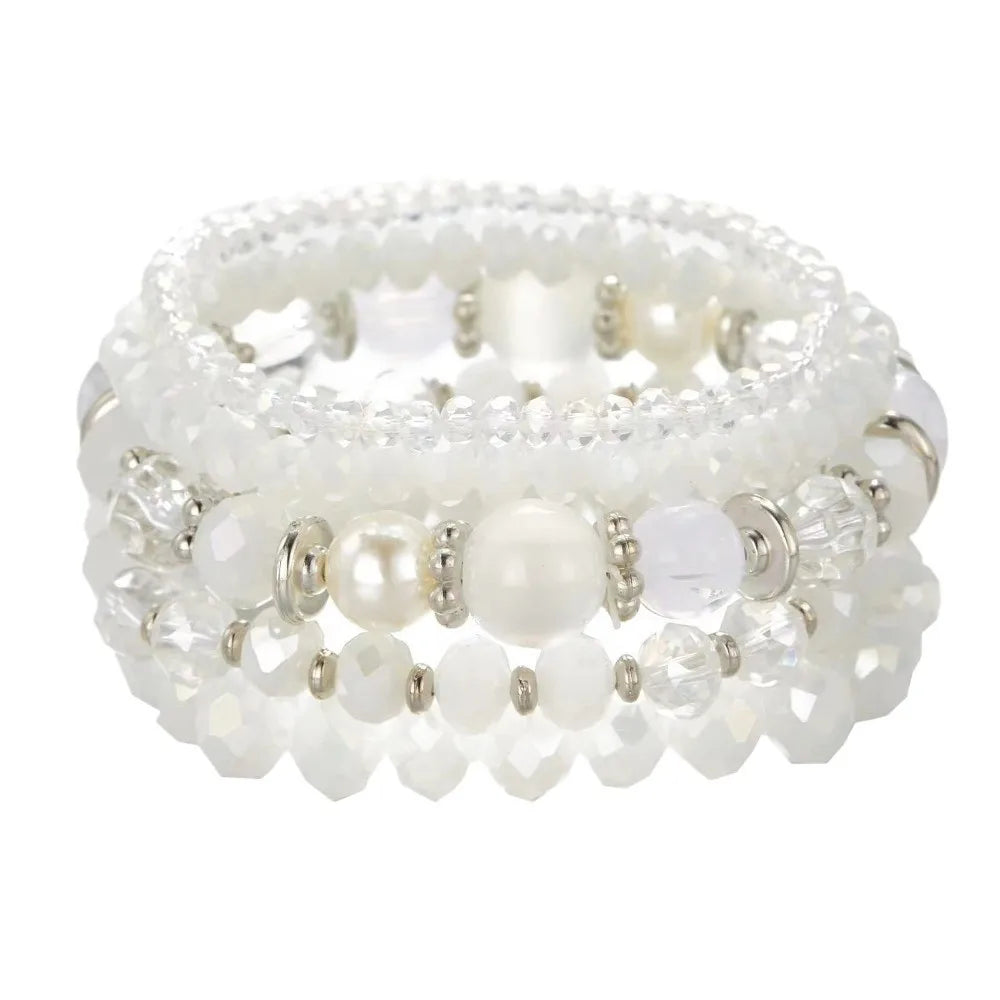 Bohemian Faceted Glass Bead Elastic Layered Bracelet Set 5pcs Beaded Bracelet Set PLUSH White