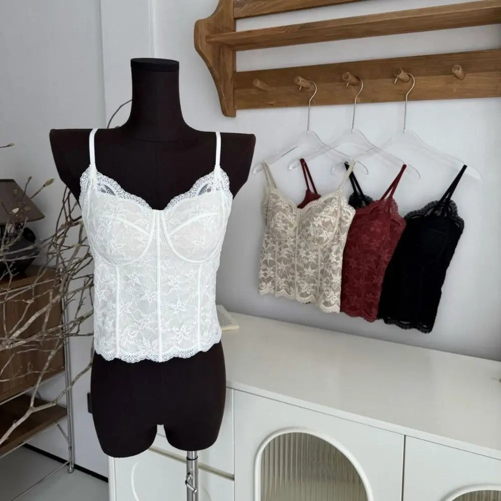 Mesh Flower Lace Crop Camisole Top with Pads | Summer Vest Lace Crop Camisole PLUSH