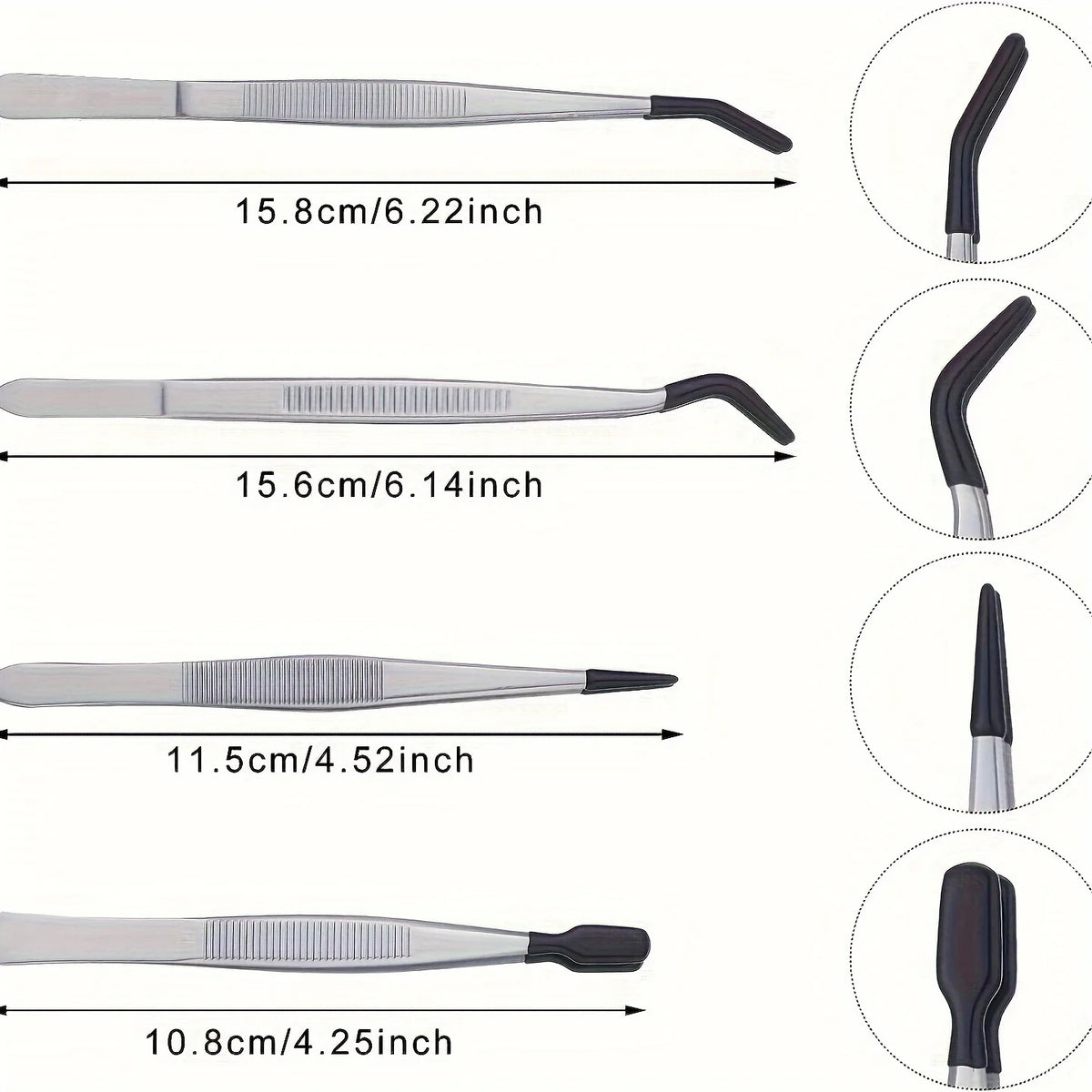 4pcs Stainless Steel Tweezers Set – Rubber Coated Flat & Curved Tips Craft Tweezers Set PLUSH