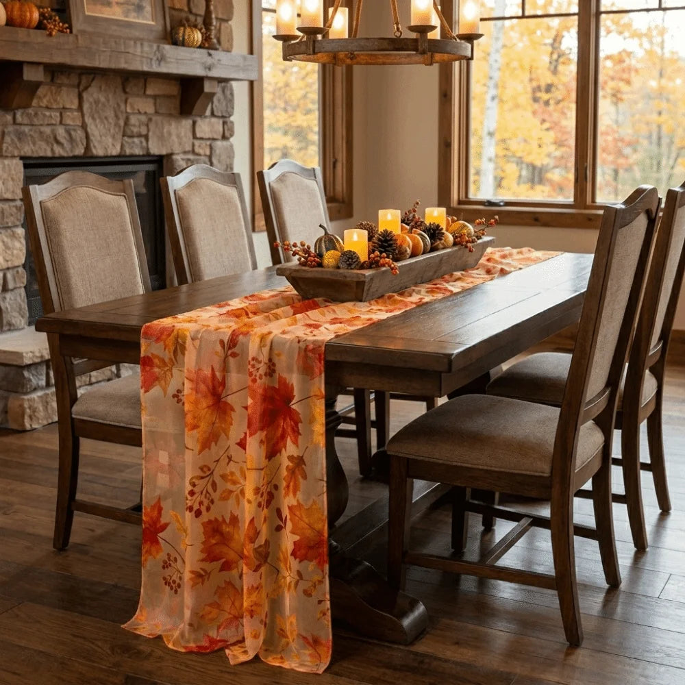 Maple Leaf Tulle Table Runner – Sheer Fall Farmhouse Decor Table Runner PLUSH