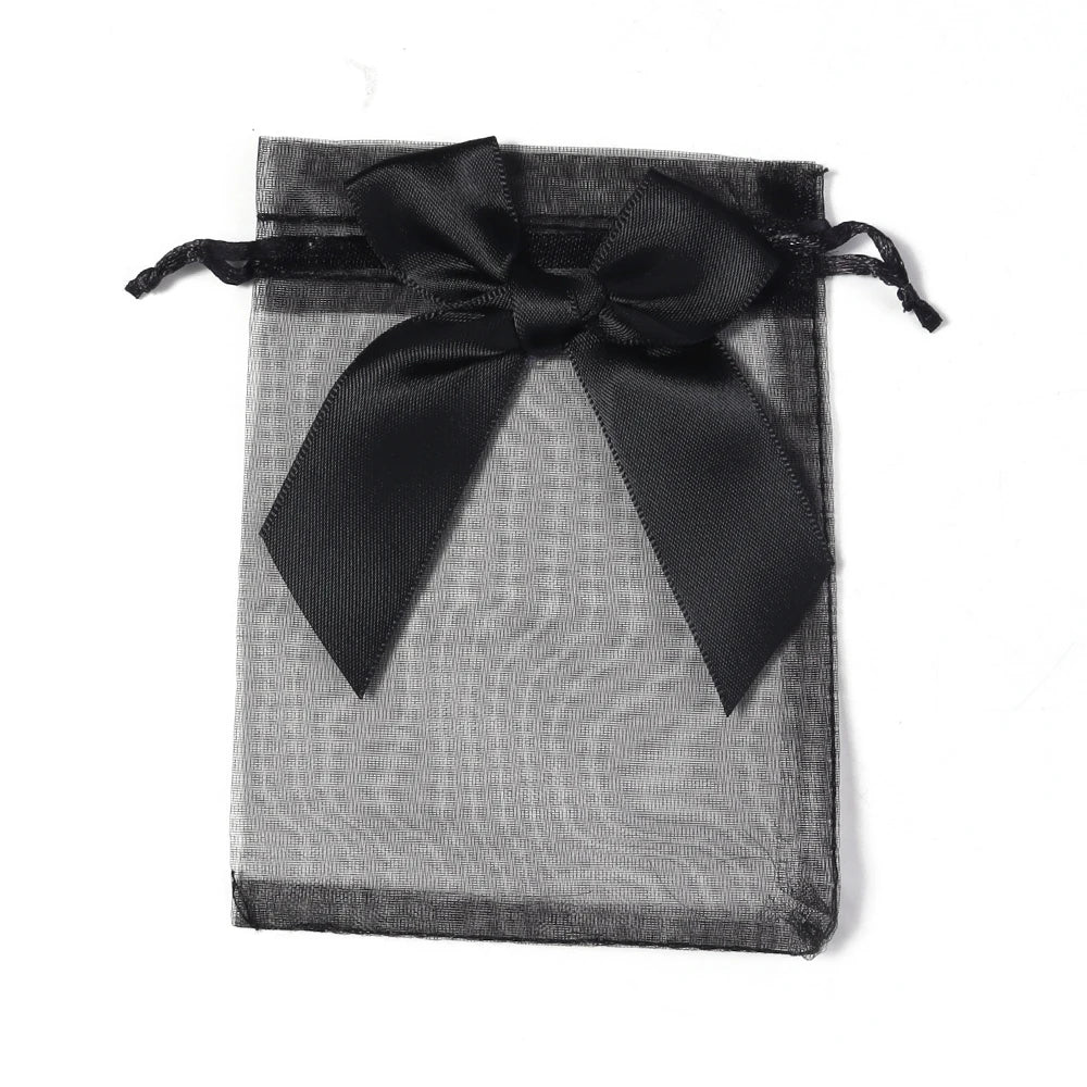5pcs Bow Organza Drawstring Gift Bags – Wedding & Party Organza Gift Bags PLUSH black 9x12cm