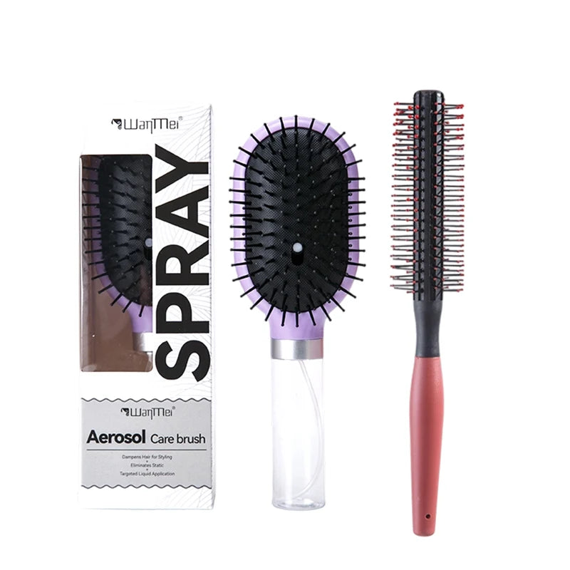 2-in-1 Spray Air Cushion Hair Brush – Detangling Curling Comb Spray Hair Brush PLUSH Purple set