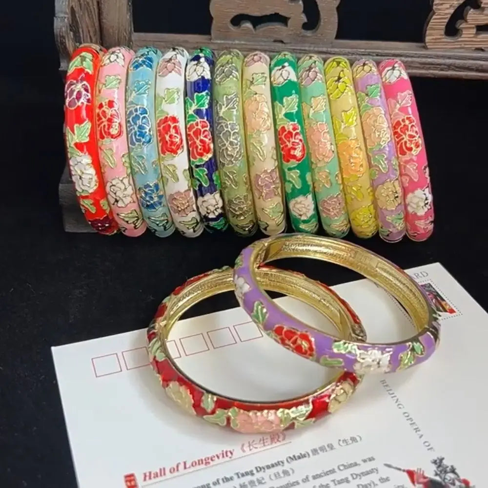 Chinese Cloisonné Enamel Peony Double Bangle Bracelet for Women Enamel Bangle Bracelet PLUSH
