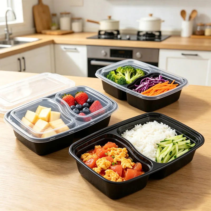 Black Two-Compartment Lunch Boxes – 5 or 10 Pack Food Lunch Box PLUSH