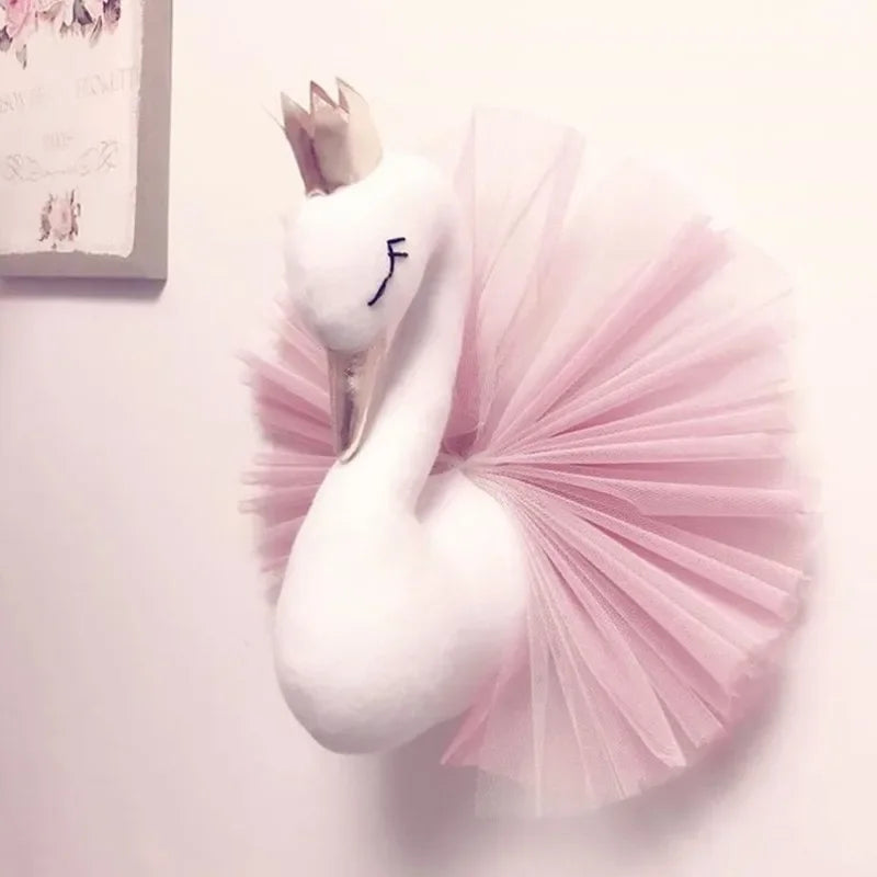 Plush Animal Head Wall Mount – Elephant Unicorn Deer Nursery Plush Wall Hanging PLUSH Pink Swan