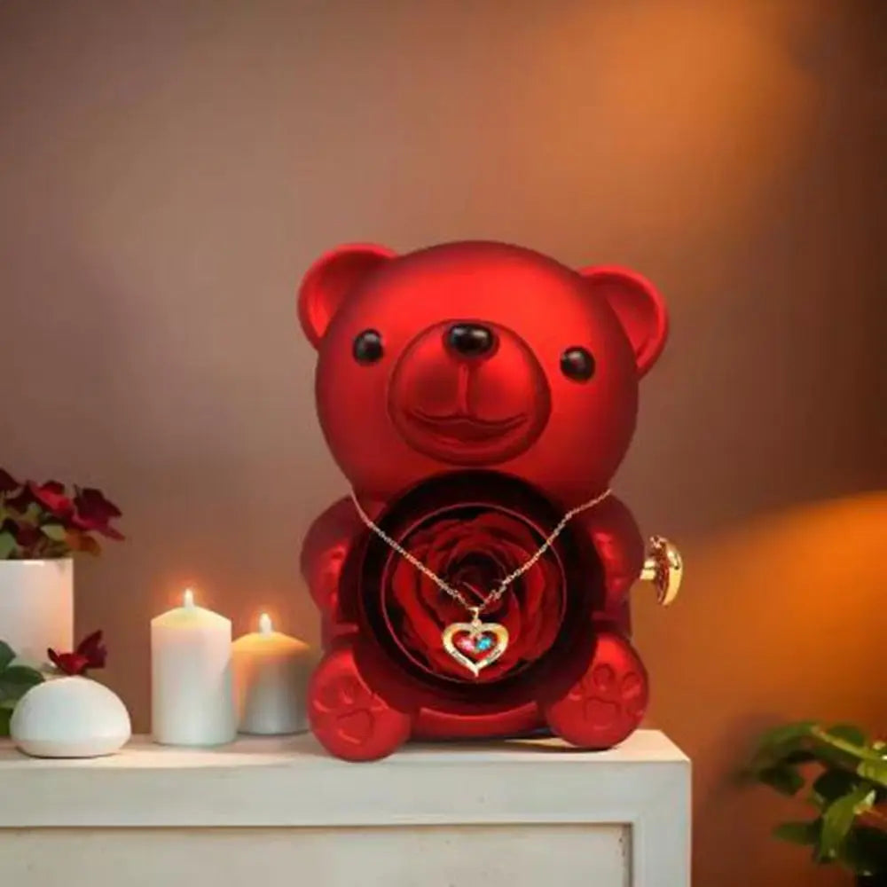 Rotating Hugging Bear Jewelry Box with Soap Rose Gift Set Jewelry Gift Box PLUSH
