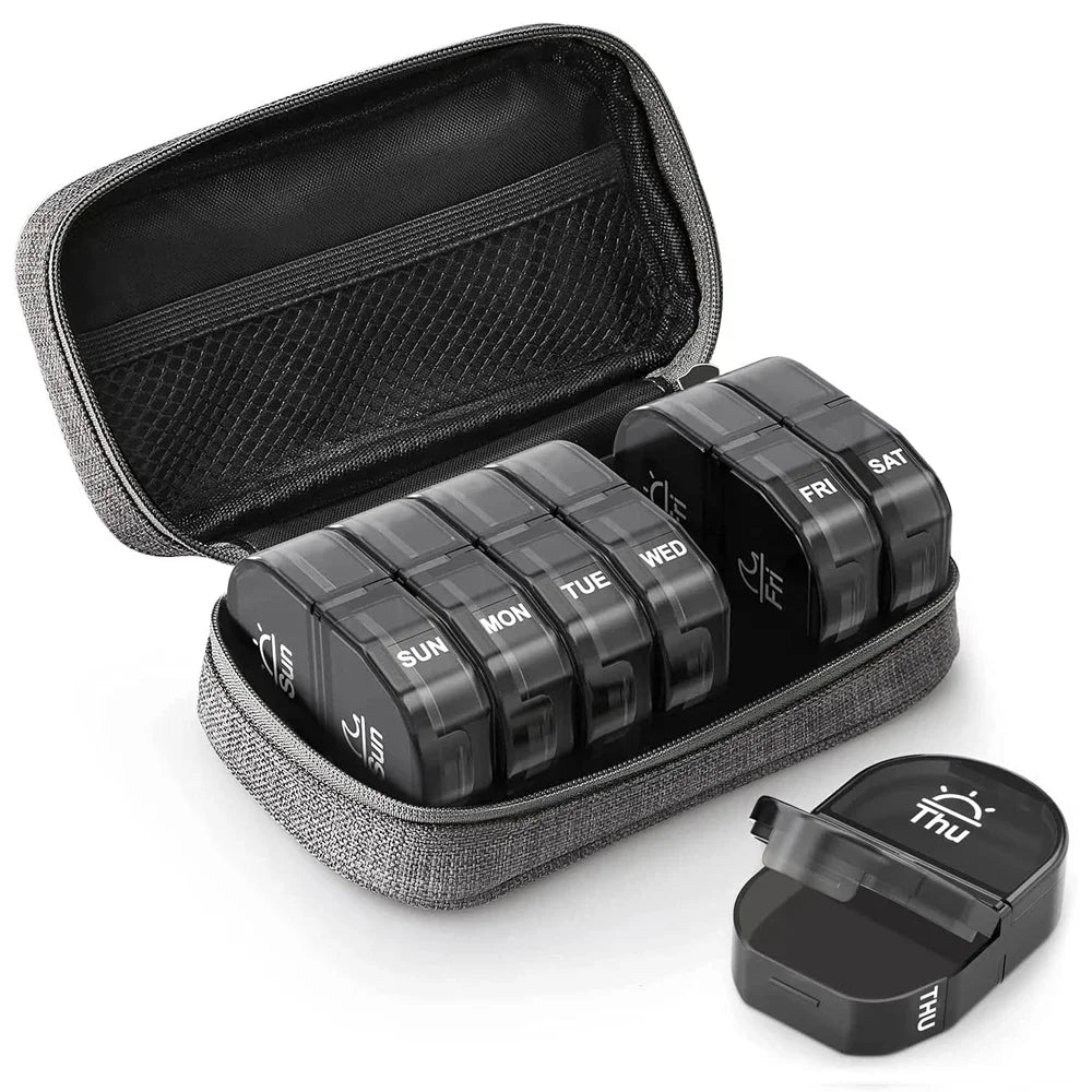 Weekly AM/PM Pill Organizer with Canvas Bag – 7 Day, 14 Slots Weekly Pill Organizer PLUSH New 14 Grid Grey